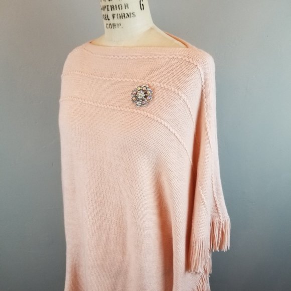 Super Soft Blush Pink Shawl Sweater Poncho with Fringe by Layers by Lizden - Picture 2 of 8